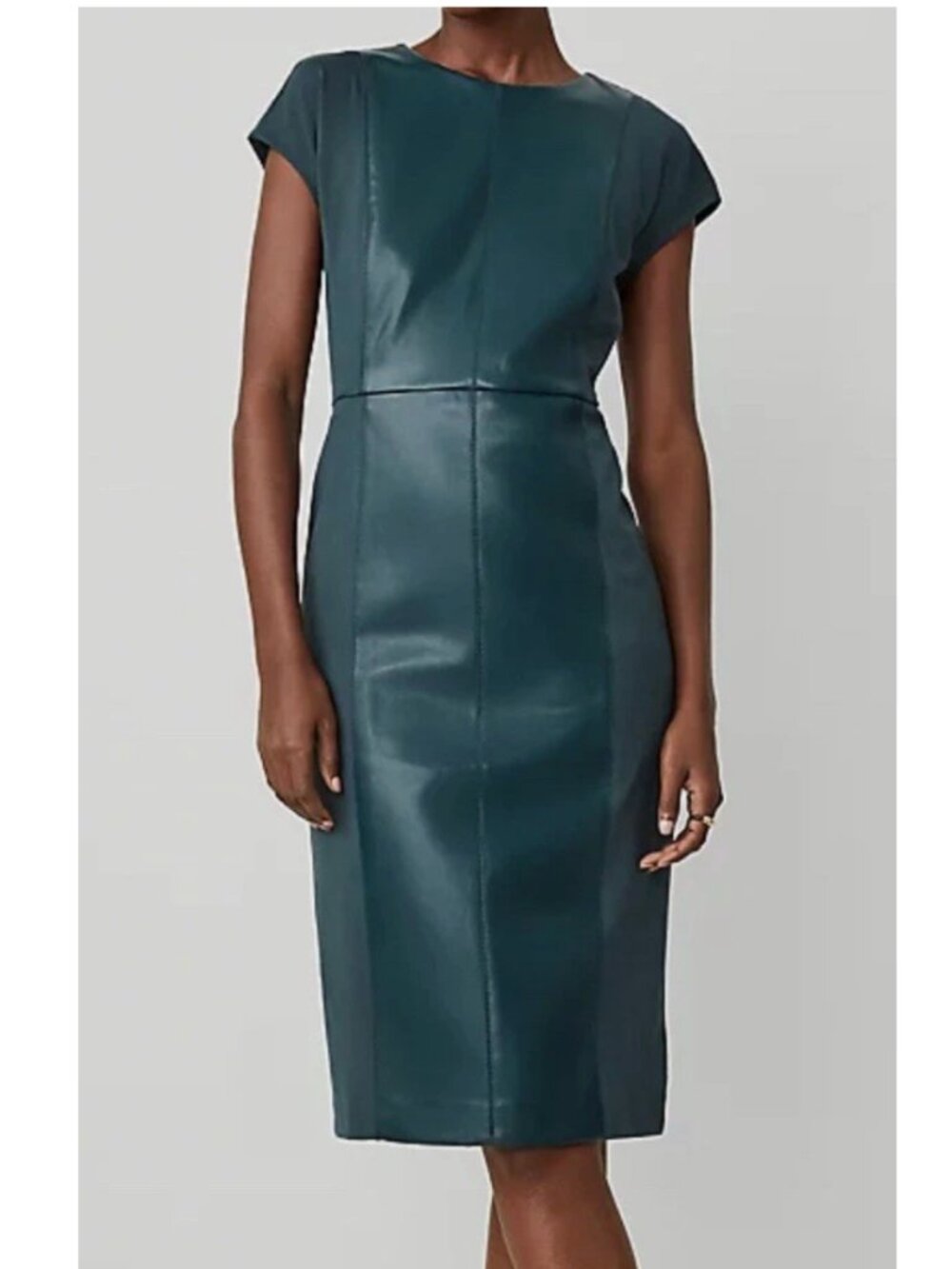 Ann Taylor Teal Faux-Leather Sheath Midi Dress